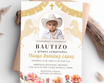 Spanish Charro Baptism and First Birthday Invitation, Invitación de Bautizo y Primer Cumpleaños, Cowboy Christening Invite, Catholic Baptism