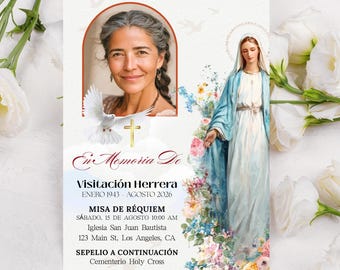 Editable Spanish Catholic Funeral Card, Printable Memorial Announcement, Virgin Mary Memorial Invite, Digital Download, Virgen Maria Floral