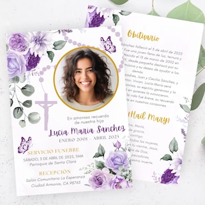 Begrafenisprogramma Spaanse paarse rozen en vlinders, lila vlinder Florals Memorial Invite, Programa de Funeral Violeta, katholieke rozenkrans