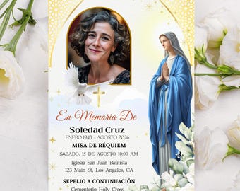 Spanish Catholic Funeral Invitation, Virgin Mary White Roses, En Memoria Amorosa Editable Template, Tarjeta fúnebre, Printable Memorial