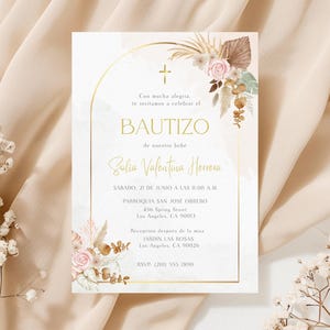 Spanish Boho Baptism Invitation, Beige Pink Bohemian Christening Invite, Invitación de Bautizo Editable, Watercolor Floral Catholic Baptism