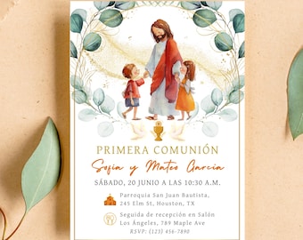 Modelo de Primeira Comunhão Gêmea Espanhola, EDITÁVEL Primera Comunión de Nuestros Hijos, Menino e Menina 1ª Comunhão, Jesus Cristo Aquarela