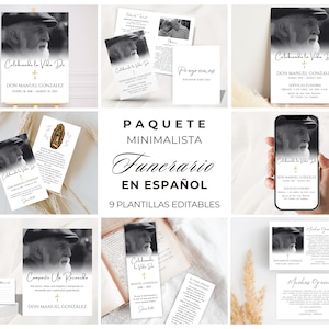 May include: A set of nine printable funeral templates in Spanish. The templates feature a black and white photo of a man with a beard and a cross. The text on the templates reads "Celebrando la Vida De" and "Don Manuel Gonzalez".