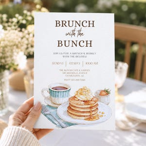 May include: A rectangular invitation card featuring the text BRUNCH with the BUNCH, JOIN US FOR A BRUNCH & BUBBLY WITH THE BESTIES, SUNDAY 02 MAY 10:00 AM, THE BLOOM CAFE & GARDEN 245 MAGNOLIA AVENUE CHARLESTON SC, RSVP 123-456-7890, and a watercolour illustration.
