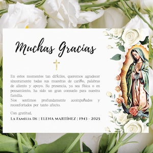 Español Tarjeta de Agradecimiento Funebre Virgen de Guadalupe, Editable Catholic Funeral Thank You Card, En Memoria, Virgin Mary Floral