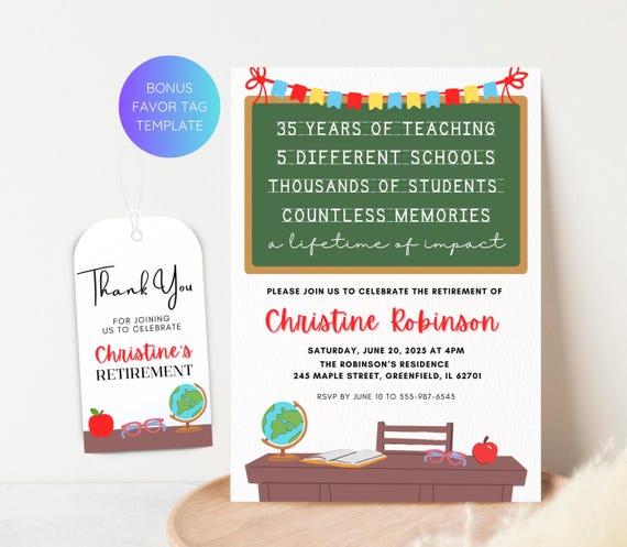 Editable Principal Retirement Party Invitation Template, Teacher Retirement Celebration, Professor Retirement Invite, Retirement Favor Tag