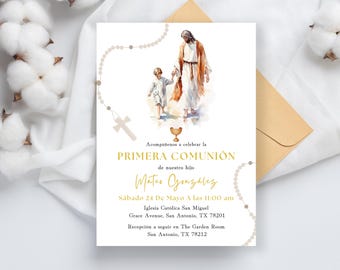 Spanish First Holy Communion Invite Template, EDITABLE Primera Comunión De Nuestro Hijo,  Little Boy 1st Communion, Jesus Christ Watercolor