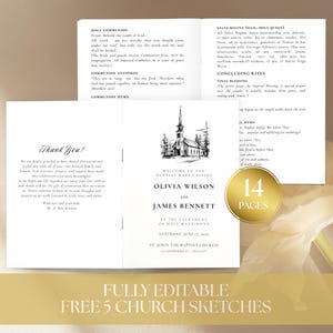 Programa de boda editable para iglesia católica, folleto para la ceremonia de la misa nupcial, plantilla imprimible para programa de boda, guía de boda para iglesia (díptico)