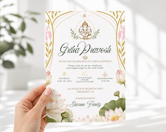 Pink and Gold Griha Pravesh Invitation Template, Editable Griha Pravesh Invite, Traditional Indian House Blessing, Hindu Housewarming