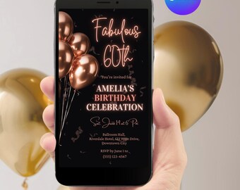Rose Gold Birthday Phone Invitation, Elegant Balloons Evite (Digital Download)