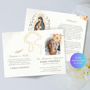 Spanish Catholic Funeral Program, Rosary Floral Funeral Obituary, Virgen De Guadalupe Programa Funerario, Editable Funeral Program Pamphlet