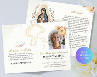 Spanish Catholic Funeral Program, Rosary Floral Funeral Obituary, Virgen De Guadalupe Programa Funerario, Editable Funeral Program Pamphlet