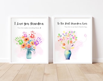 Printable Grandma Handprint Gift Wall Art, Mother's Day Gift Floral Craft DIY, Toddler Activity with Mom, Custom Mom Floral DIY Art