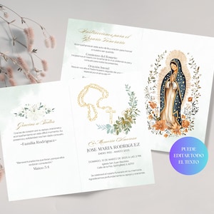 Spanish Funeral Rosary Instruction Invitation, Funeral Virgin Mary Floral Invitation Pamphlet, Español Virgen De Guadalupe Tarjeta Funebre