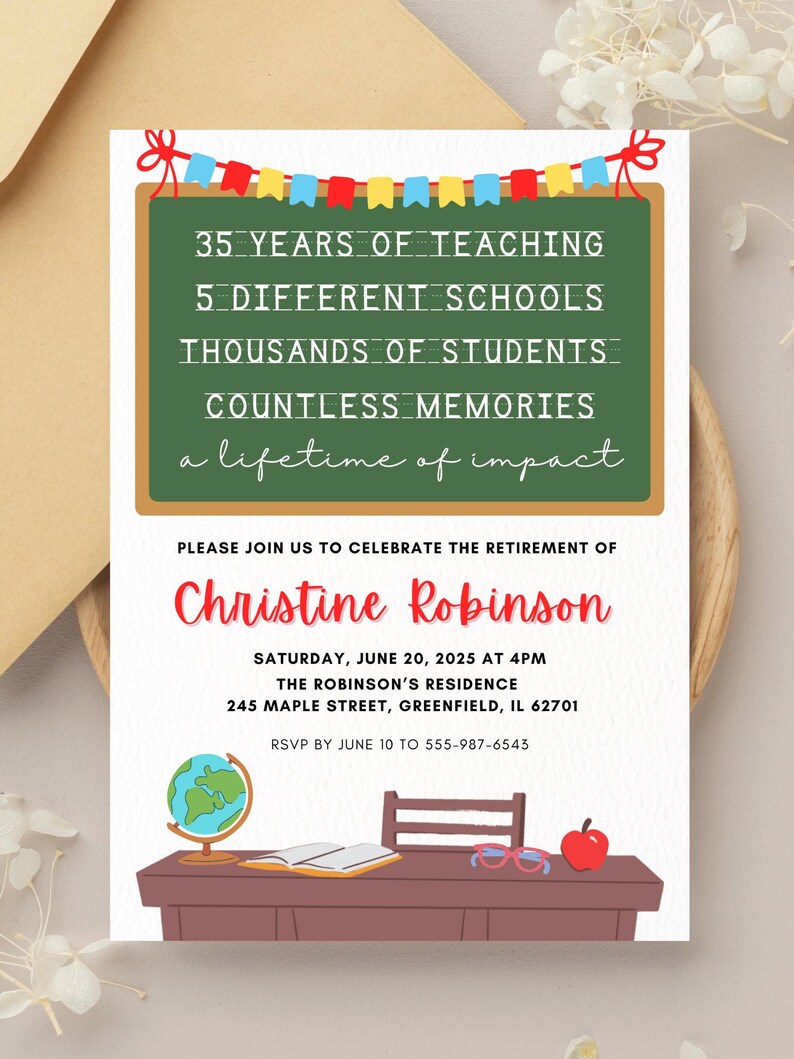 May include: A retirement party invitation for Christine Robinson, a teacher with 35 years of experience. The invitation features a chalkboard with the text "35 years of teaching, 5 different schools, thousands of students, countless memories, a lifetime of impact". The invitation also includes a cartoon image of a teacher's desk with a globe, a book, and an apple.