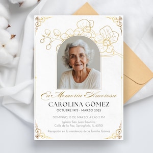 Spanish Gold Funeral Invitation Template, Tarjeta Memorial, Invitacion Funebre, Spanish Gold Floral Funeral Card, Anunció Funebre