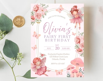 First Birthday Fairy Invitation, Pink Fairy First Birthday Party Template, Editable Fairy 1st Birthday Invite, Princess Theme Birthday Party