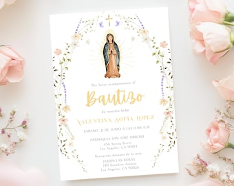 Spanish Wildflower Baptism Invitation Template, Virgen de Guadalupe Invitación Bautizo Niño Niña | Floral Catholic Christening Invite DIY