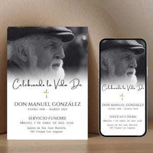 Funérailles de la Tarjeta, En Memoria Amorosa Evite, Faire-part pour les funérailles d'un homme en espagnol, Invitation commémorative imprimable, Message texte téléphonique