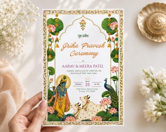 Griha Pravesh Invitation Template, Pichwai Indian Housewarming Invite, Krishna Hindu Housewarming, Indian Home Blessing, Lotus Theme