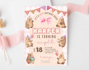 Coquette Capybara Birthday Invitation Template, Pink Capybara Birthday Party, Editable Canva 8th Birthday, Cozy Capybara, Digital Download