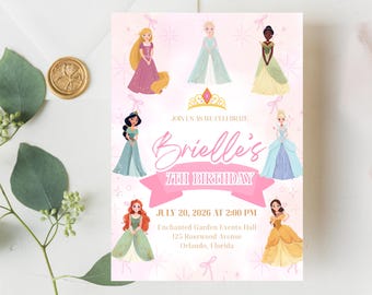 Pink Princess Birthday Invitation, Princess Theme Party Invite, Pink and Gold Kids Party Digital or Printed, Any Age, Fairy Tale Celebration
