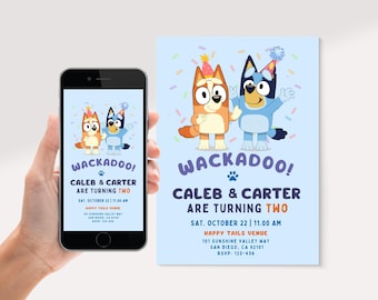 Editable Blue Dog Twins Birthday Invitation, Blue Puppy Birthday for Two Kids, Siblings or Cousins Joint Celebration, Printable Invite