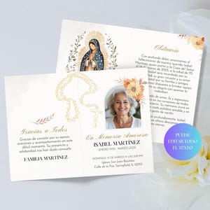 Spanish Catholic Funeral Program, Rosary Floral Funeral Obituary, Virgen De Guadalupe Programa Funerario, Editable Funeral Program Pamphlet