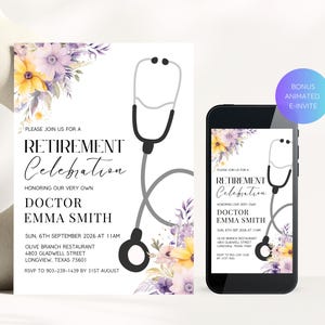 Invitation départ à la retraite floral médecin, fête de départ à la retraite d'une infirmière, modèle modifiable floral violet et jaune départ à la retraite du docteur, Evite