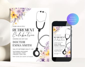 Floral Doctor Retirement Invitation, Editable Nurse Retirement Party, Purple and Yellow Florals Doctor Retirement Editable Template, Evite