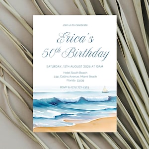Invito per 50° compleanno a tema spiaggia e oceano, invito per festa di compleanno costiera, invito per vacanza in viaggio, invito per festa di compleanno in spiaggia - COASTAL1