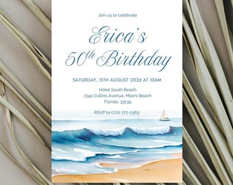 Faire-part d'anniversaire côtier, soirée à thème plage, modèle modifiable, téléchargement numérique, modèle d'invitation anniversaire imprimable sur toile, COASTAL1