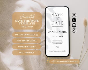 Puede incluir: Una tarjeta digital de guardar la fecha con un fondo blanco y un diseño similar a la acuarela. El texto dice "Save the Date" para la boda de Jane & Mark, 02.27.20XX. The Meadow Hall, 143 Peachfield Street, California 000225. Invitación formal a seguir.  con una plantilla imprimible de 12,7 cm x 17,8 cm.
