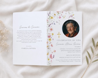Spanish Modern Wildflower Funeral Program, Catholic Funeral Pamphlet, Programa Funeral Díptico (Bifold), Floral Memorial Pamphlet, W1