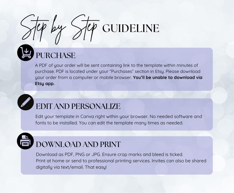 May include: A step-by-step guide for purchasing, editing, and downloading a digital template. The guide includes three steps: purchase, edit and personalize, and download and print.