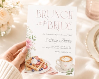 Dainty Brunch with the Bride Invitation Template, Editable Bridal Brunch Invite, Pink Bridal Shower, Brunch and Bubbly, Wedding Shower