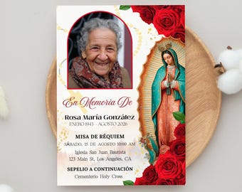 Spanish Catholic Funeral Invitation, Virgen de Guadalupe Memorial Keepsake, Red Roses Invite, Rosas Rojas Tarjeta Fúnebre