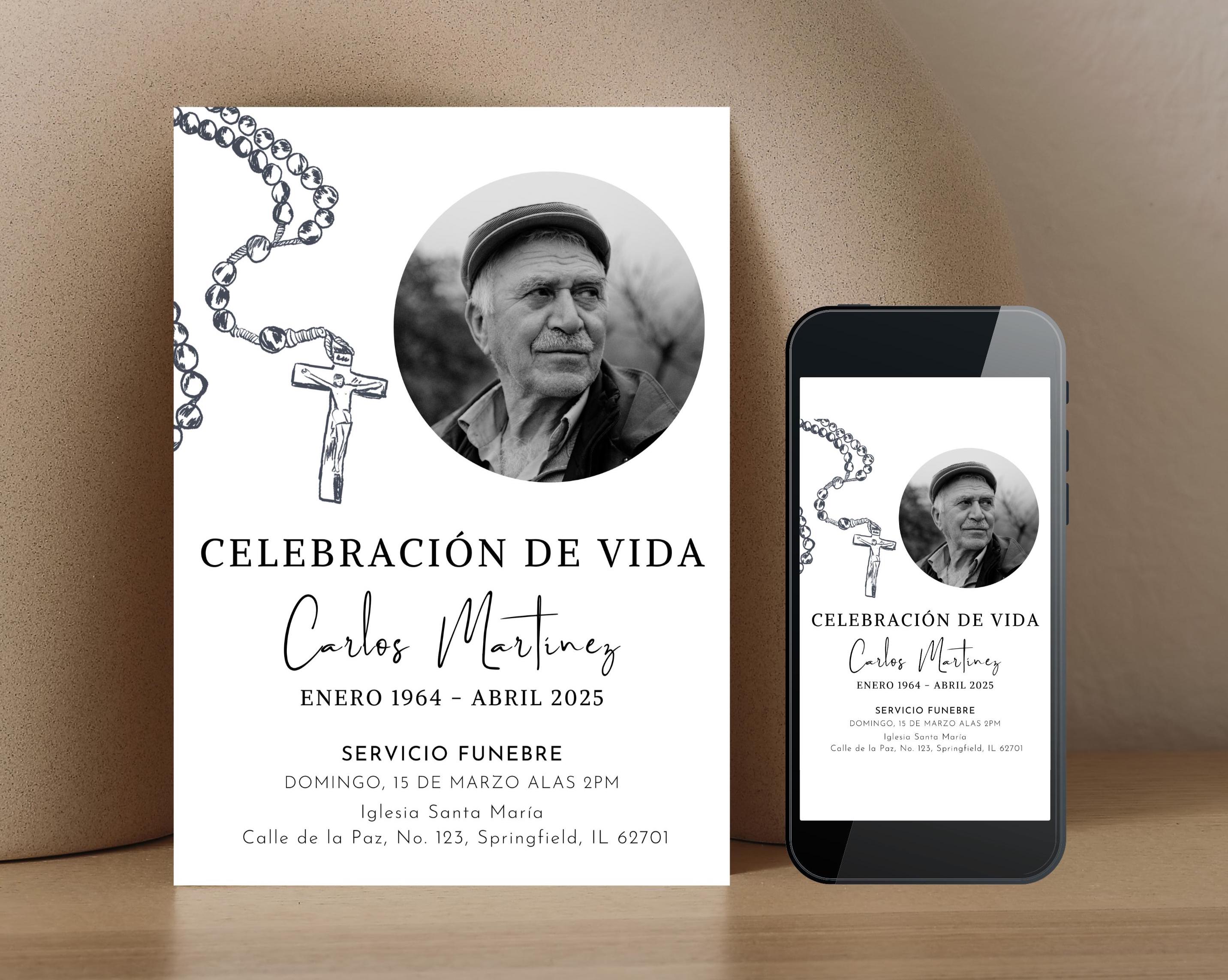 Spanish Catholic Rosary Funeral Invitation Template, Español Funeral