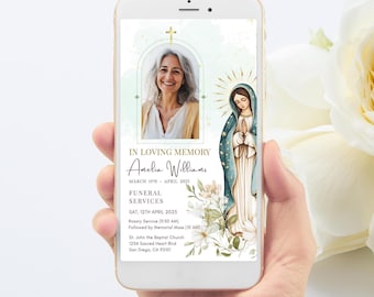 Digital Funeral Virgin Mary Invitation, Electronic Catholic Funeral Evite, Virgin Mary Floral Funeral Announcement, Custom Funeral Invite