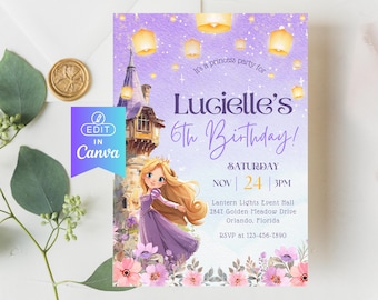 Rapunzel Birthday Invitation Template, Fairytale Princess Party Invite, Elegant Princess Themed Invitation, 6th Birthday Digital Invite