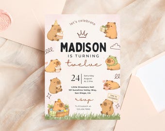 Editable Cozy Capybara Birthday Invitation, Pink Capybara Invite Template, 12th Birthday, Printable Canva Birthday Template, Digital Invite