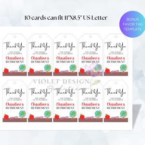 May include: Ten printable gift tags with a teacher retirement theme. Each tag features a red apple, a globe, and a pair of glasses. The text on the tags reads "Thank You for joining us to celebrate Christine's Retirement".