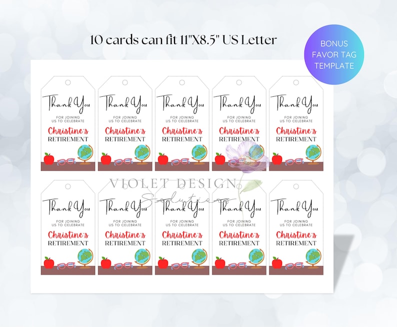 May include: Ten printable gift tags with a teacher retirement theme. Each tag features a red apple, a globe, and a pair of glasses. The text on the tags reads "Thank You for joining us to celebrate Christine's Retirement".