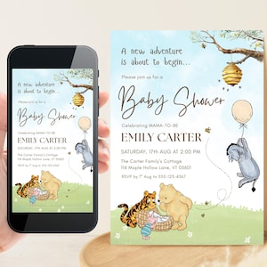 Plantilla editable de invitación clásica para baby shower de Winnie the Pooh, invitación para baby shower con temática de bosque, invitación para baby shower de cuentos de Pooh Bear