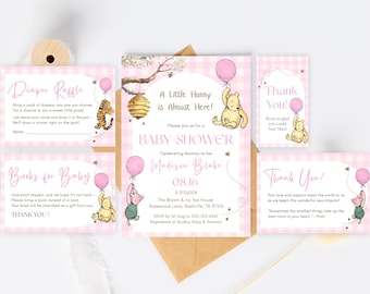 Zestaw zaproszeń na baby shower z motywem Kubusia Puchatka w różową kratkę (edytowalny szablon Canva)