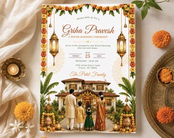 Editable Griha Pravesh Invitation Template, Indian Housewarming Invite, Vastu Puja Ceremony, Hindu Home Blessing, Marigold Canva Invitation
