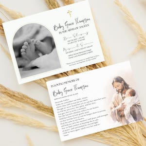 May include: Two memorial cards with text and images. One card features a black and white photo of a baby's feet and the text "Baby Grace Thompson". The other card has an illustration of Jesus holding a baby.