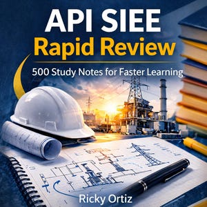 May include: Book cover titled "API SIE Rapid Review" with a white hard hat, blueprints, and a pen on a notepad. The background features an industrial landscape with power lines and a sunset. The author's name, Ricky Ortiz, is at the bottom.