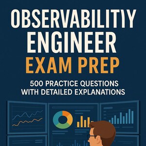 Puede incluir: Portada de libro con el título "Observability Engineer Exam Prep" en blanco y naranja. La imagen muestra a una persona mirando monitores de computadora que muestran visualizaciones de datos. El nombre del autor, Andy Fischer, está en la parte inferior.