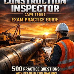 May include: Book cover for "Pipeline Construction Inspector" exam guide. The cover features a construction scene with workers, pipelines, and machinery. Text includes "500 Practice Questions" and author's name.